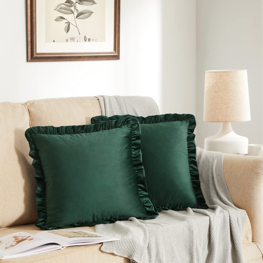 1369 Army Green Decorative Throw Pillow Covers, 20x20 Velvet Ruffle Cushion